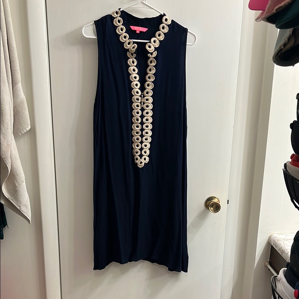 Sleeveless Navy Dress with Decorative Ivory Embellished Placket